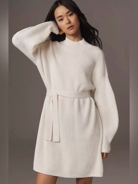NWT Anthropologie Maeve Langarm Mock Neck Tie Waist Mini Knit Dress  White XL